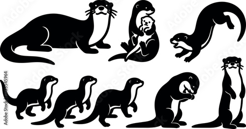 Flat vector otter silhouettes showing swimming diving standing grooming and mother holding pup in playful minimalist black design side view