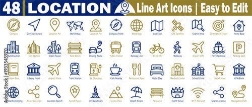 Location line art icons. Featuring world maps, navigation arrows, destination targets, and public transit symbols for mapping apps vector illustration.