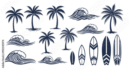 Collection of palm trees waves and surfboards
