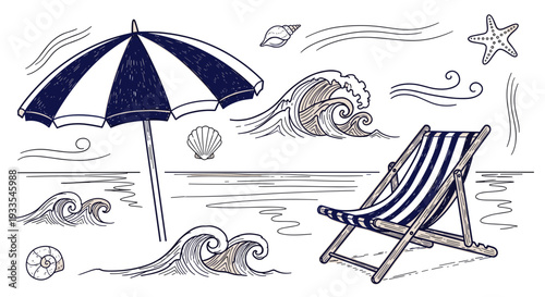 Beach scene with umbrella and lounge chair on sandy shore
