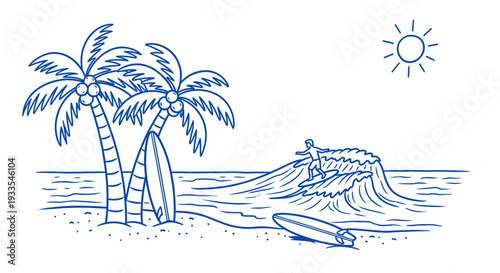 Line drawing of tropical island with palm trees, ocean, and boat