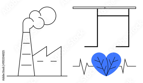 Environmental conservation, industrial pollution, renewable energy, sustainability, healthcare, eco-awareness. Factory with smoke, solar panel sketch, heart with vine and heartbeat lines