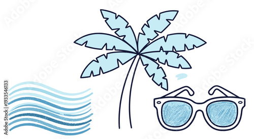 Illustration of a tropical beach scene with palm tree and sunglasses