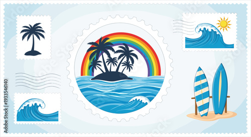 Tropical island scene with palm trees rainbow and ocean waves
