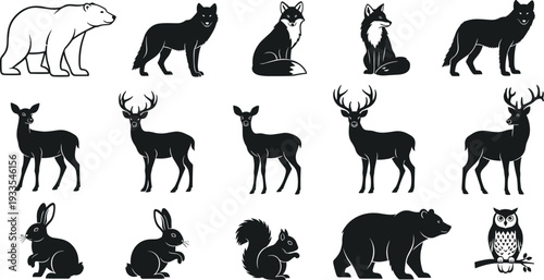 Set of wild forest animal silhouettes including bear wolf deer fox rabbit and owl for nature logo design and outdoor wilderness hunting illustration
