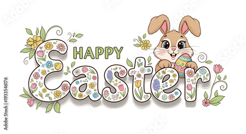 Cute bunny and floral design with happy easter message for spring
