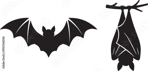 Black bat silhouette set featuring a flying bat with spread wings and a bat hanging.