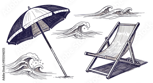 Beach scene with umbrella and deck chair on sandy shore