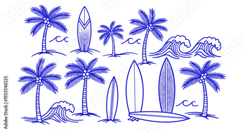 Line art illustration of tropical beach scene with palm trees and surfboards
