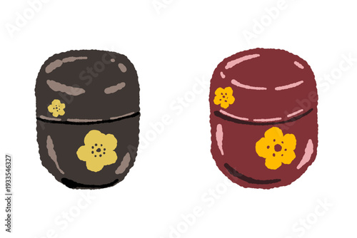 Red and Black Tea Caddy (Natsume) Set Illustration