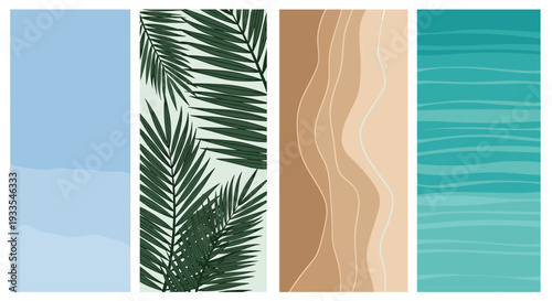 Set of four abstract beachthemed patterns with ocean, palm, sand, and wave designs