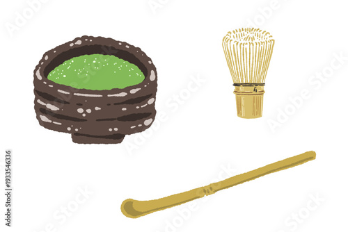Matcha Tea Set Illustration with Bowl Whisk and Scoop