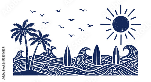 Stylized ocean scene with palm trees and flying birds under sun