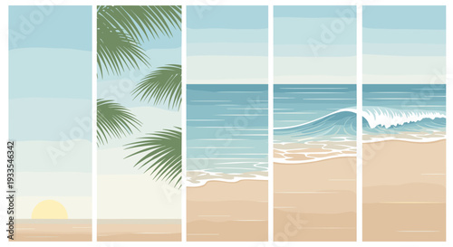 Seaside landscape with palm trees and ocean waves on a sunny day