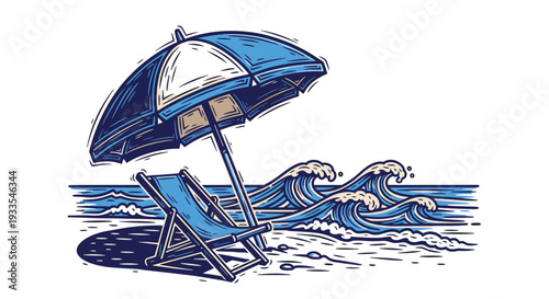 Beach scene with umbrella and lounge chair on sandy shore