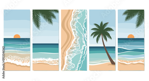 Set of five tropical beach scenes with palm trees and ocean views