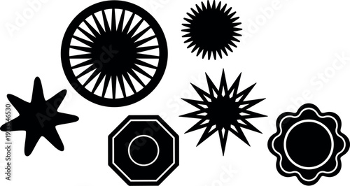 Flat design radial starburst and sunburst badge set with varied spiky floral and geometric shapes isolated on white background vector