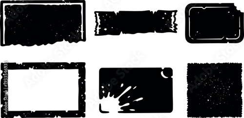Grunge style distressed frames and torn labels set vector art with ink splatter rough edges close up black stamped shabby