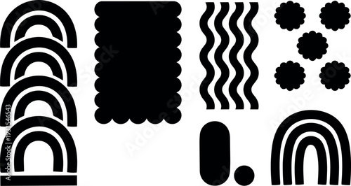 Flat design stacked black rainbows and scalloped rectangle abstract shapes arranged in landscape composition with wavy stripes and floral badges