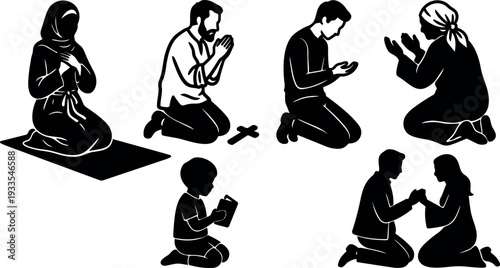 Silhouette vector composition of praying people in various poses representing muslim christian child couple kneeling in peaceful worship intimate gesture