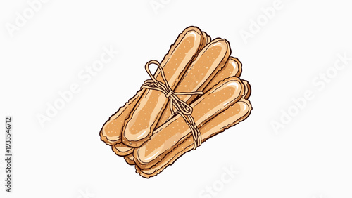 Bundle of ladyfinger biscuits tied with twine bow vector illustration. Sweet savoiardi sponge cookies isolated on white for rustic baking and dessert recipe design.