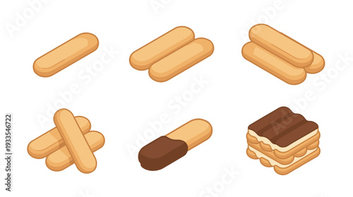 Isometric ladyfinger biscuits vector collection. Savoiardi sponge cookies, chocolate dipped pastry and delicious tiramisu cake slice illustration for dessert menu bakery design.