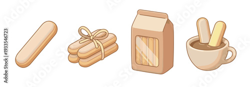 Sweet ladyfinger biscuits vector set. Savoiardi sponge cookies in packaging, tied with ribbon and dipped in coffee cup illustration for Italian dessert and bakery menu design.