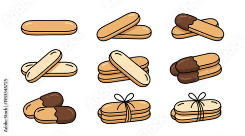 Set of cute ladyfinger biscuits vector icons. Hand drawn savoiardi cookies, chocolate dipped pastry and tied ribbon sweet dessert elements isolated on white for baking design.