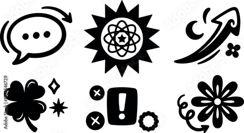 Whimsical doodle vector icon set speech bubble sun atom arrow clover exclamation badge and flower in black hand drawn playful