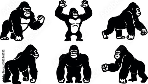 Flat design bold gorilla mascot set showing six poses including walking standing punching and flexing in simple monochrome vector icons
