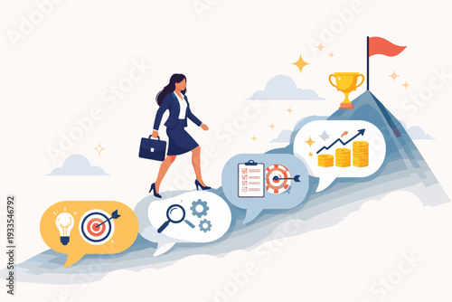 Professional businesswoman climbing a path of speech bubbles with icons for ideas, research, planning, and profit to reach a trophy on a mountain peak, representing the journey to success.