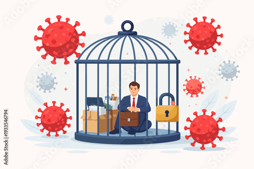 Businessman in Suit Sitting Inside a Locked Birdcage Surrounded by Coronavirus Pathogens, Representing Global Business Lockdown, Economic Shutdown, Quarantine, and Pandemic Isolation Concept