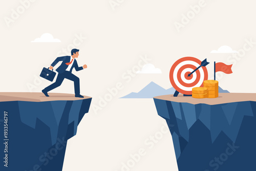 Businessman jumping over a chasm to reach a target with gold coins and a flag, representing business challenge, risk-taking, ambition, overcoming obstacles, and achieving financial success.