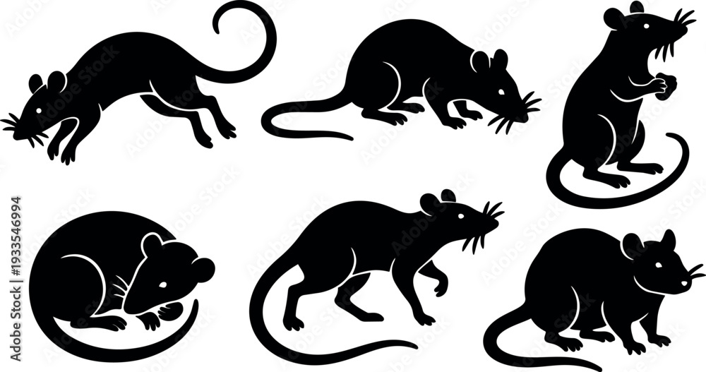 Fototapeta premium Silhouette rodent icon set six black rat poses in flat vector style for pest control and wildlife design branding