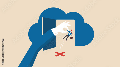 Large Hand Throwing a Businessman Out of a Cloud Doorway, Representing Job Loss, Layoffs, Firing, and Corporate Downsizing in the Technology Industry Sector. Conceptual Flat Vector Illustration.