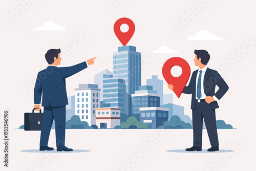 Two Businessmen in Suits Discussing Real Estate Investment and Corporate Strategy with Large Red Location Pins over a Modern City Skyline, Commercial Property Search and Urban Office Development.