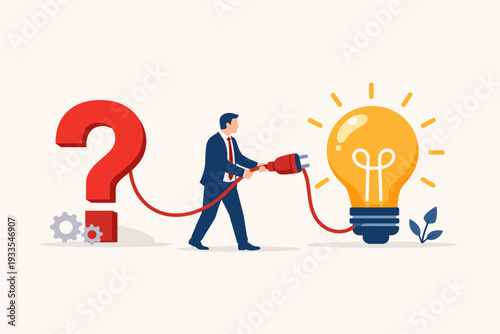 Businessman connecting a large red question mark to a glowing yellow light bulb with an electric plug, symbolizing creative problem solving, innovation, finding answers, and business success.