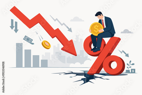 Businessman sitting on a large percentage symbol over cracked ground during economic recession with a red arrow pointing down, representing financial crisis, market crash, and profit fall concept.