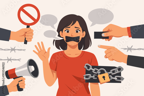 Conceptual vector illustration of a woman silenced with black tape over her mouth, surrounded by hands representing censorship, oppression, and the struggle for freedom of speech and human rights.