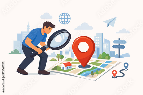 Man with a large magnifying glass looking for a specific location on a city map with a big red GPS pin, navigation concept for travel, exploration, and finding destinations in an urban area.