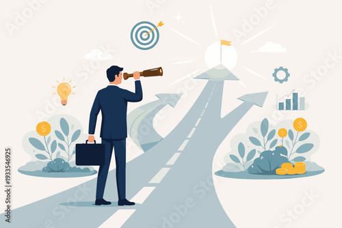 Businessman with telescope looking at road fork with arrows towards goal and flag. Concept of career path, business strategy, decision making, vision, opportunity, and financial growth.