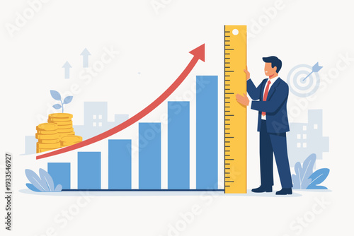 Businessman measuring growing bar chart with ruler for financial growth, investment success, and profit increase. Concept of economic progress, business development, and goal achievement vector.