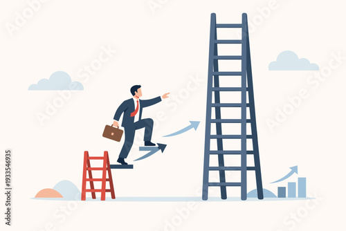 Businessman climbing a small ladder and stepping onto arrows towards a much taller ladder, representing career growth, startup transition to established market, success, and corporate ambition.