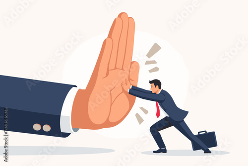 Small Businessman Pushing Against a Giant Hand Representing Big Corporation or Monopoly. Concept of Small Business Fighting Against Strong Opponent, Market Competition, and Overcoming Obstacles.