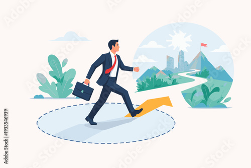 Businessman stepping out of comfort zone circle onto an arrow path leading to a bright future with mountains and city. Concept of career growth, ambition, risk-taking, and personal development.