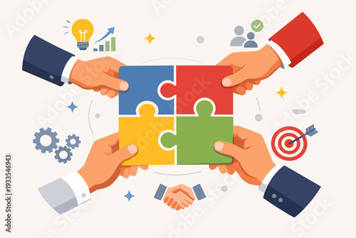 Business team hands connecting jigsaw puzzle pieces as a symbol of teamwork and partnership concept. Flat vector illustration of collaboration, cooperation, synergy, and strategic problem-solving.