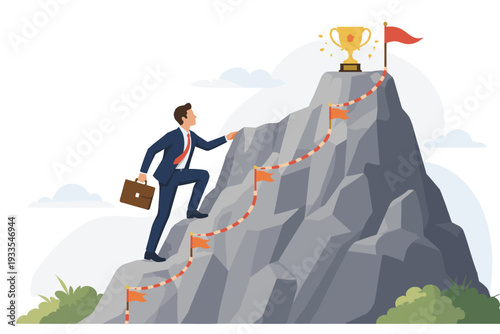 Successful Businessman Climbing Steep Mountain Peak to Reach Golden Trophy, Concept of Overcoming Challenges, Career Growth, Ambition, Determination, and Achieving Victory in Business World.