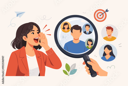 Recruitment Concept Illustration with Woman Shouting and Magnifying Glass Focusing on Potential Candidates for Job Opening, Human Resources Talent Acquisition and Hiring Process Flat Vector
