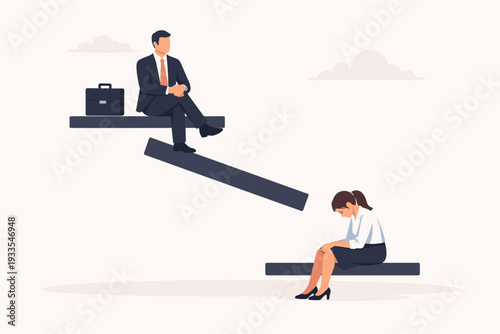 Gender Inequality and Discrimination in Workplace Concept with Businessman Sitting on Top Level and Businesswoman on Bottom Level of an Unequal Sign Symbol Representing Glass Ceiling and Wage Gap.