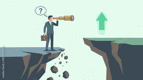 Businessman standing on a crumbling cliff looking through a telescope at a green growth arrow, symbolizing market uncertainty, financial risk, strategic vision, and future business opportunities.